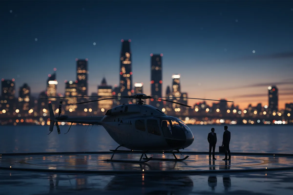 A helicopter rests on a city helipad at night with skyline lights in the background.