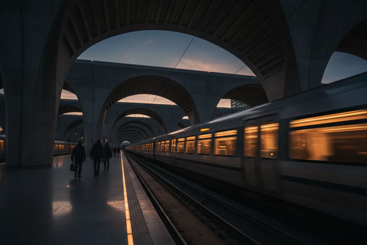 A modern train arriving at a brightly lit platform in a vast, contemporary underground station.