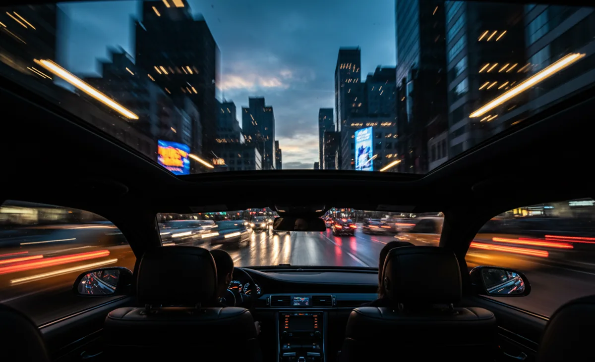 View from inside a car at night, showing the blurred, glowing lights of city traffic ahead.