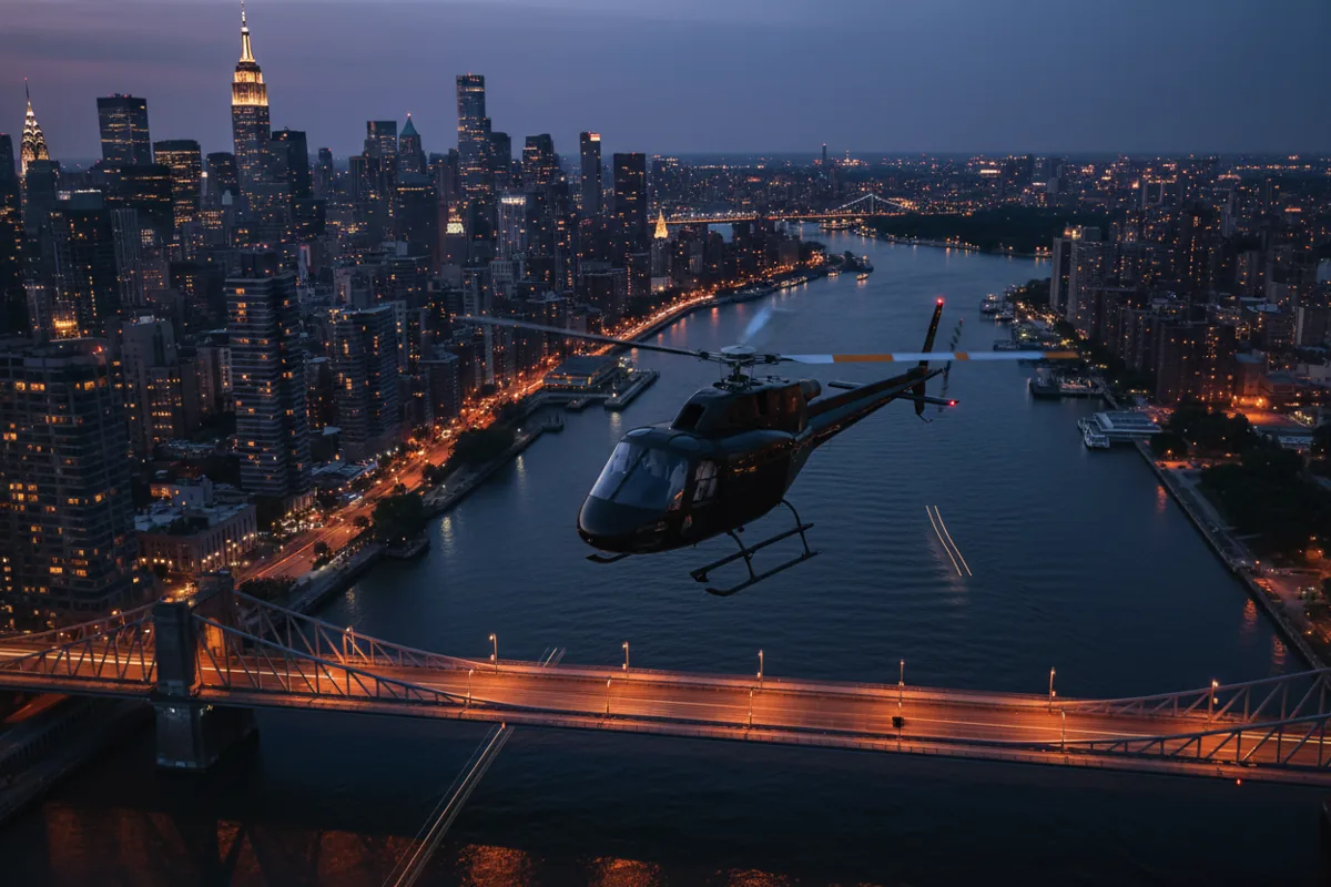 A helicopter flies over the East River at twilight, with the glowing Manhattan skyline in the background.