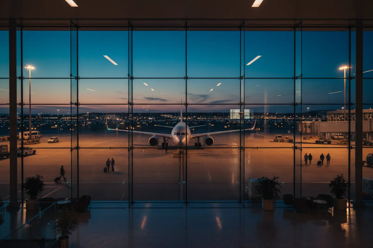 View from an airport terminal window at dusk, looking out at an airplane on the tarmac.