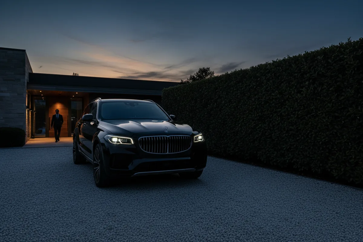 A polished black luxury SUV parked on a gravel driveway in the sun.