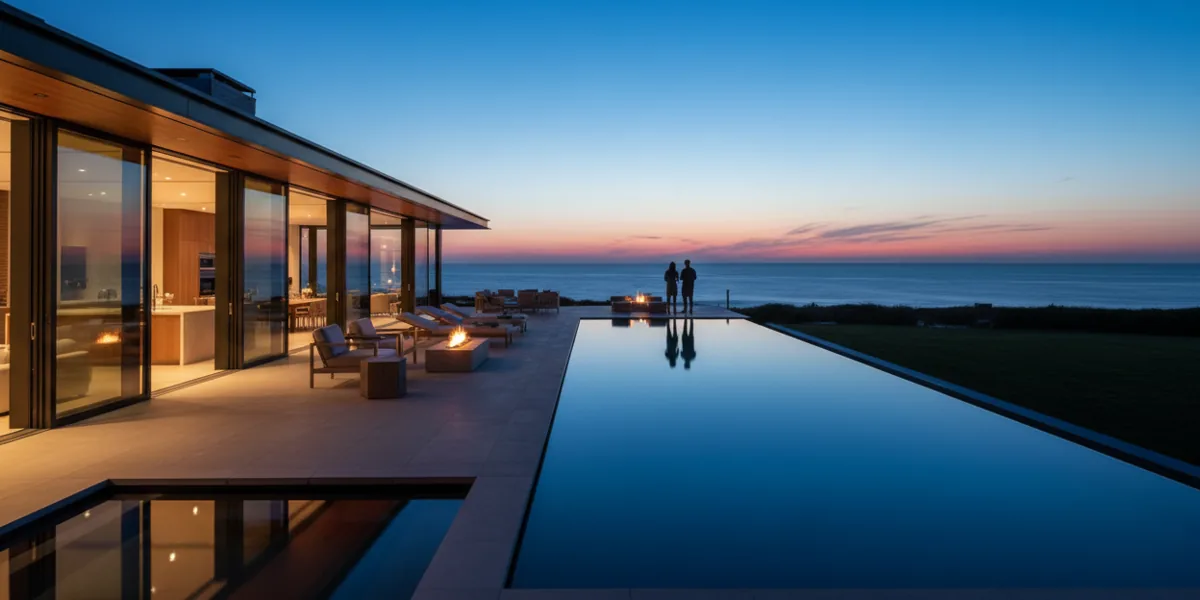 A modern luxury beach house with a glowing pool at dusk, with the ocean in the background.