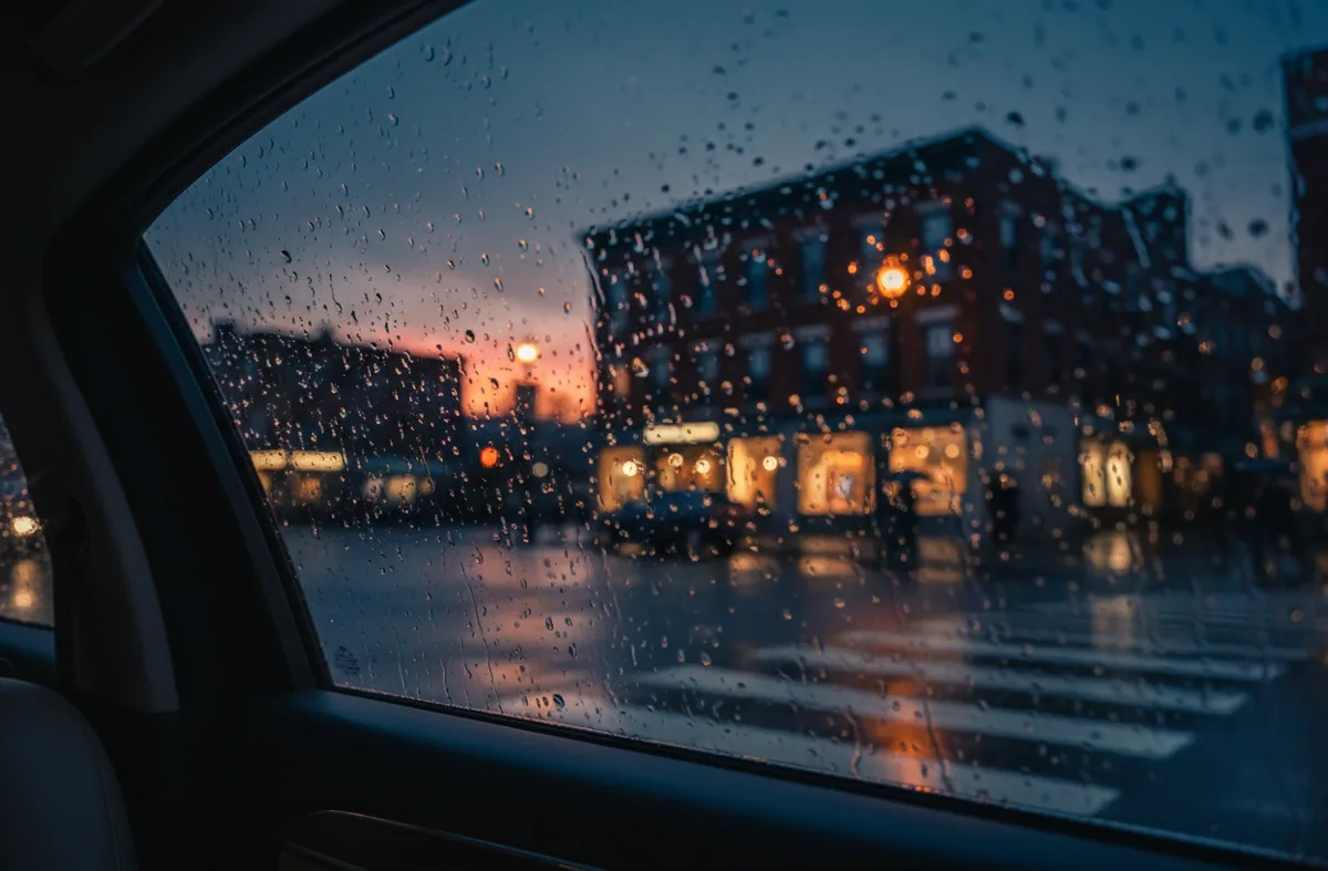 View from a car window of a blurry, rain-streaked city street at night with glowing lights.