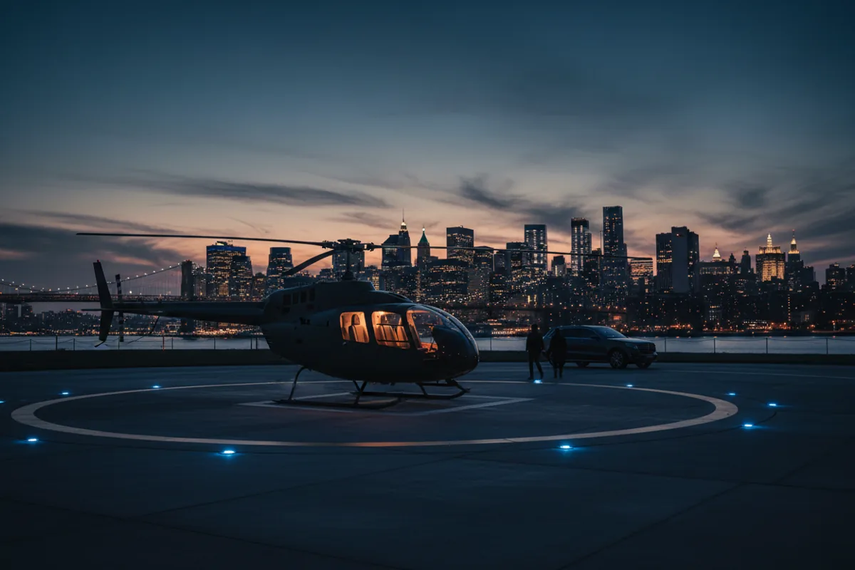A modern helicopter on a helipad at dusk, with the lights of a city skyline in the background.