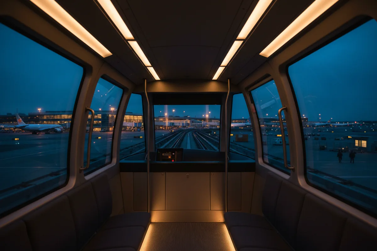 A modern AirTrain travels on an elevated track past a glowing airport terminal at dusk.