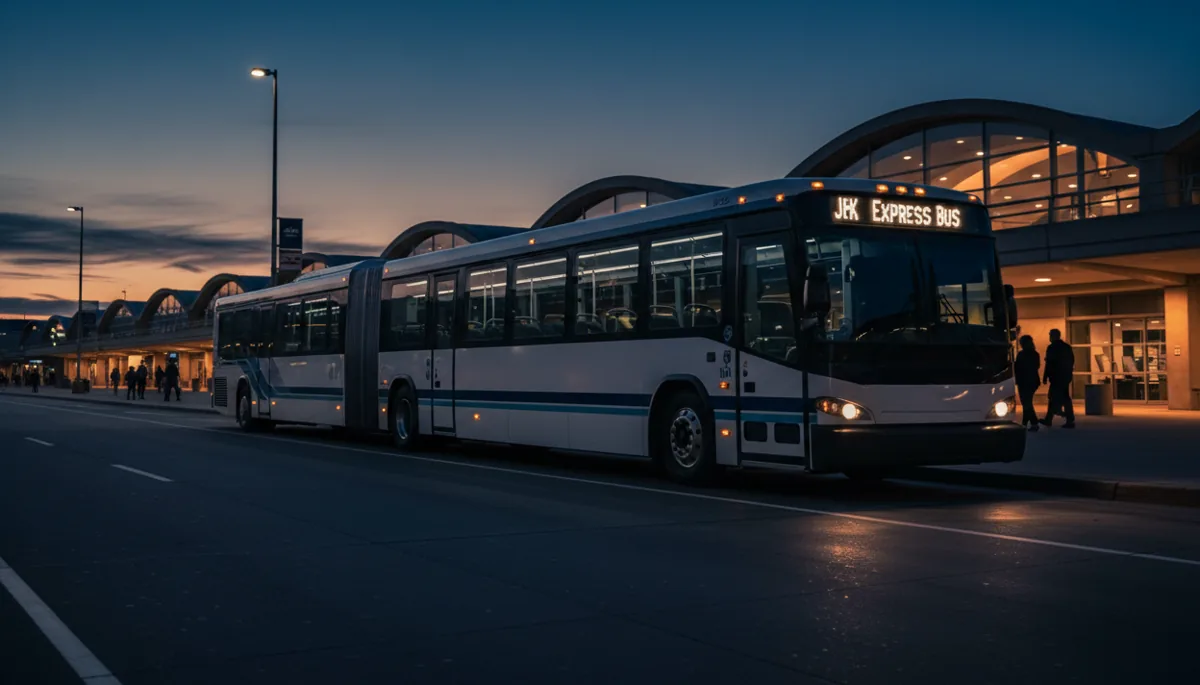An NYC express bus parked at a bus stop at JFK International Airport, ready for passengers to Manhattan.