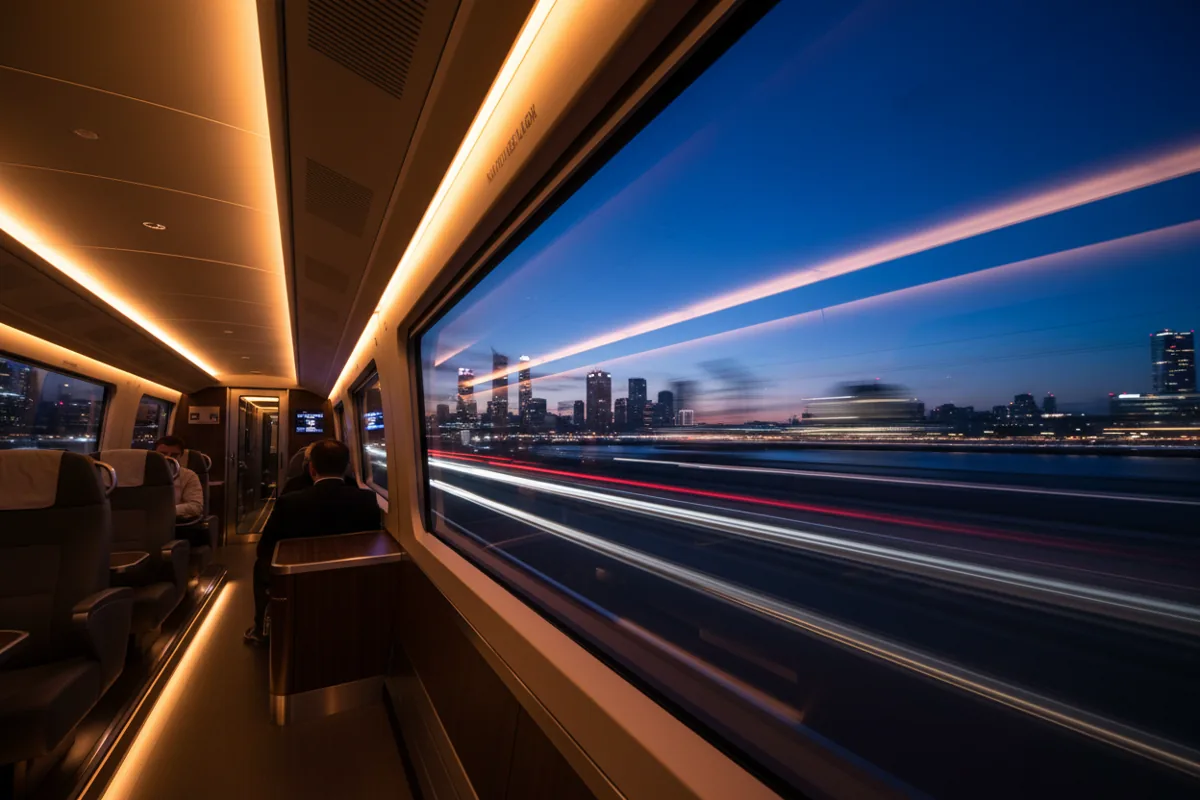 View from a modern train window showing blurred city lights at dusk.