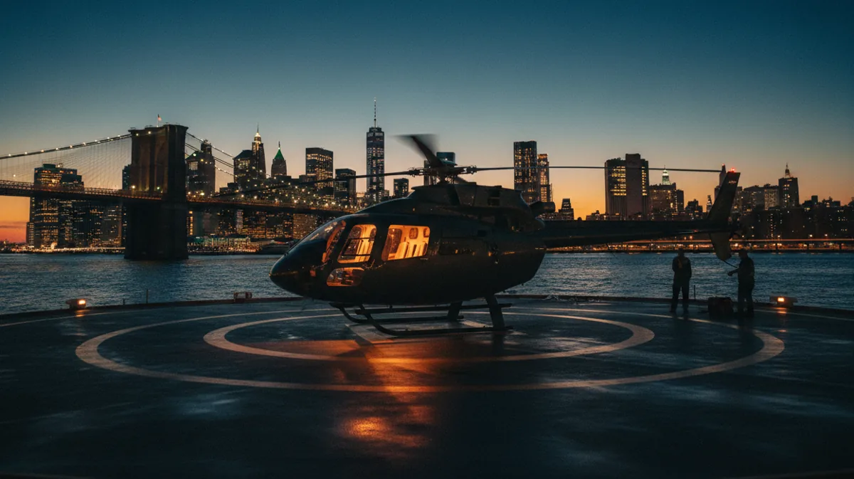 A helicopter on a Manhattan heliport at dusk with a bridge in the background.