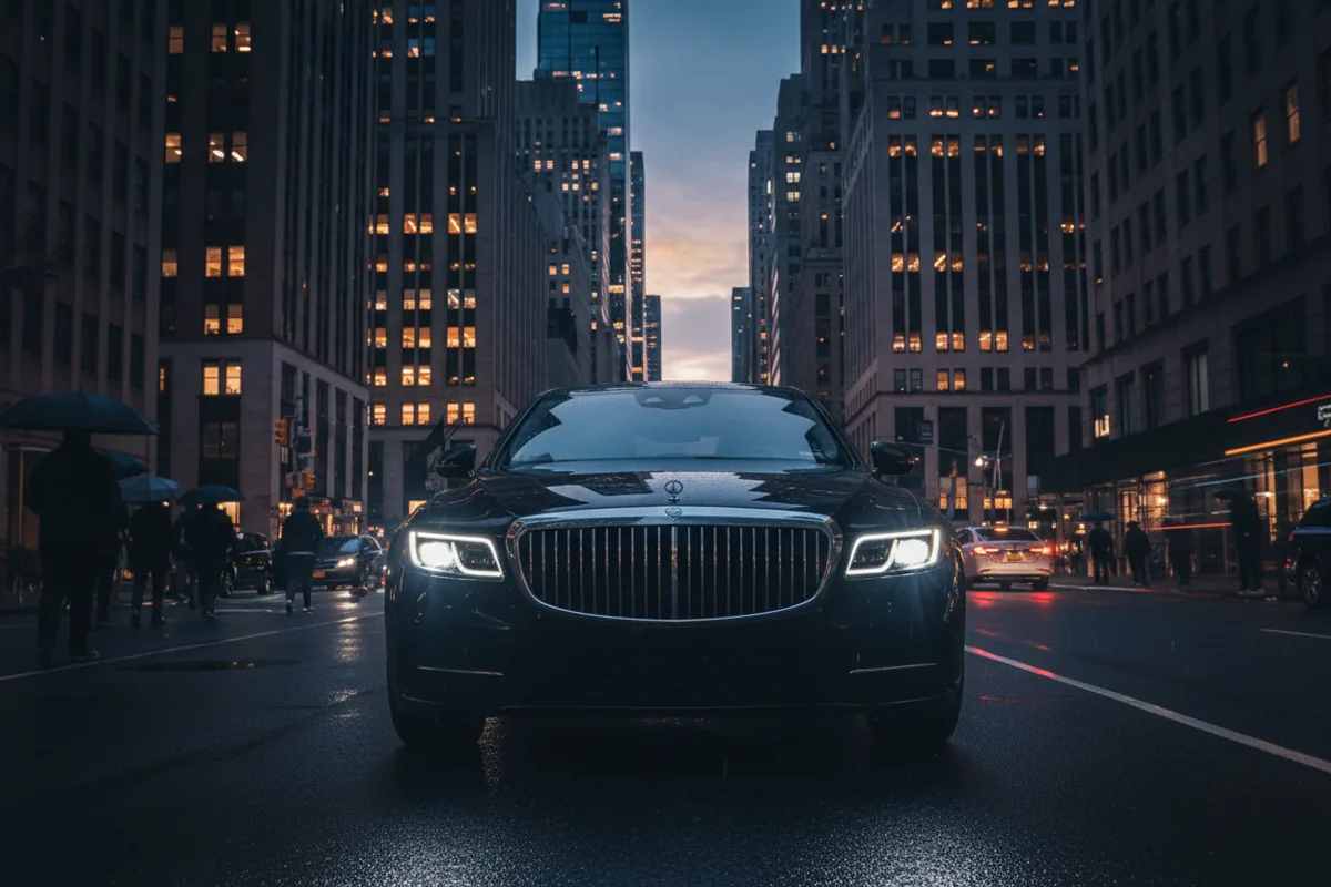 A luxury sedan on a Manhattan street at night, surrounded by illuminated skyscrapers.