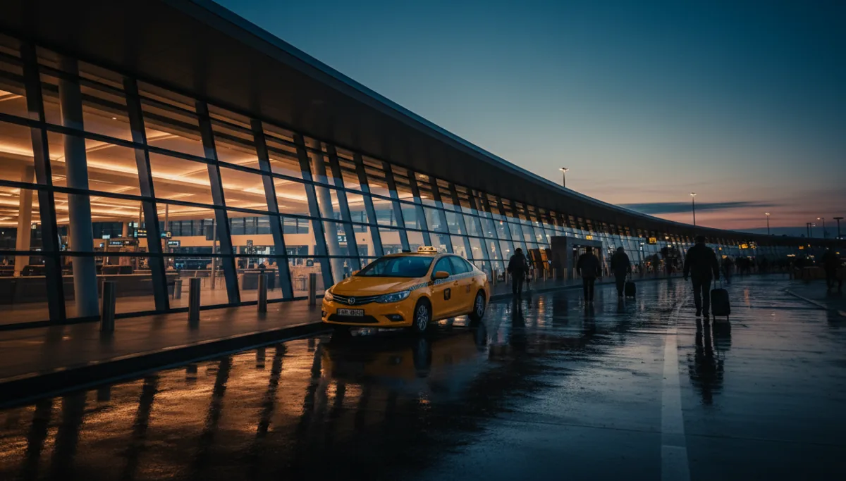 A yellow taxi waiting at an airport terminal at dusk.