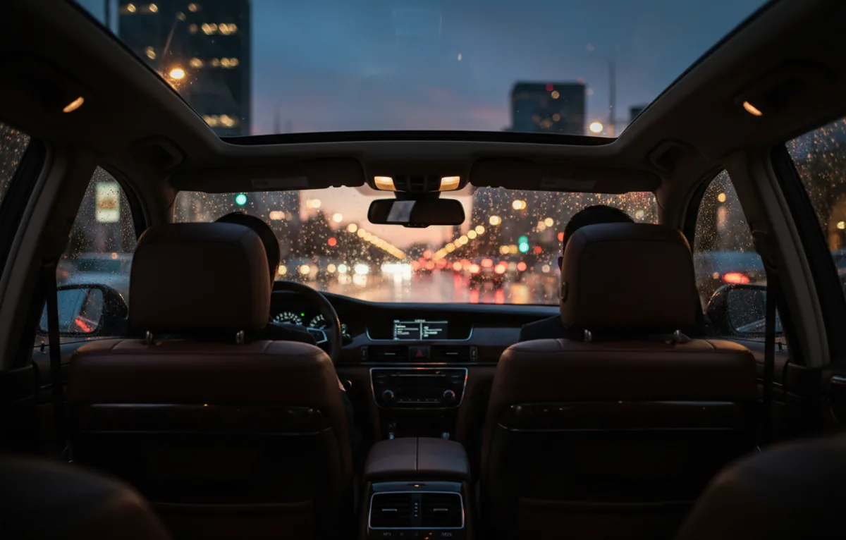 View of city traffic at night from the back seat of a car.