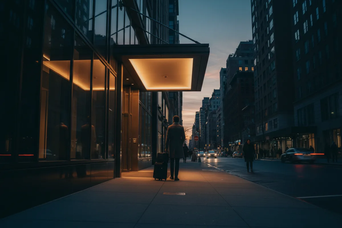 A person with a suitcase arriving at a building entrance at night.