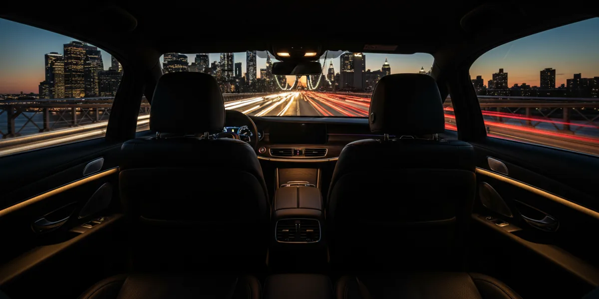 View of the Manhattan skyline at night from the inside of a moving car.