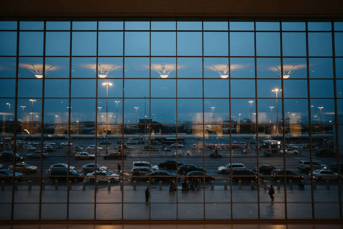 View from inside an airport terminal at dusk, looking out at a line of waiting taxis at the curb.