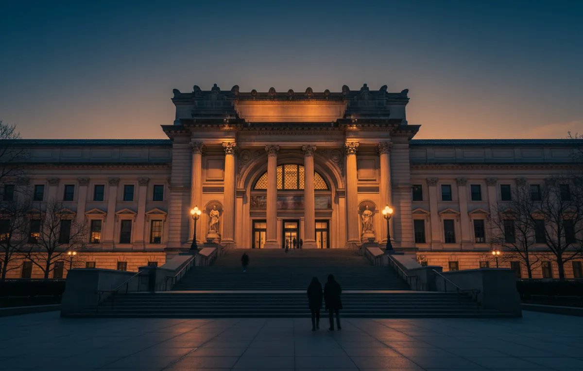 The illuminated facade and grand staircase of the Metropolitan Museum of Art at twilight.