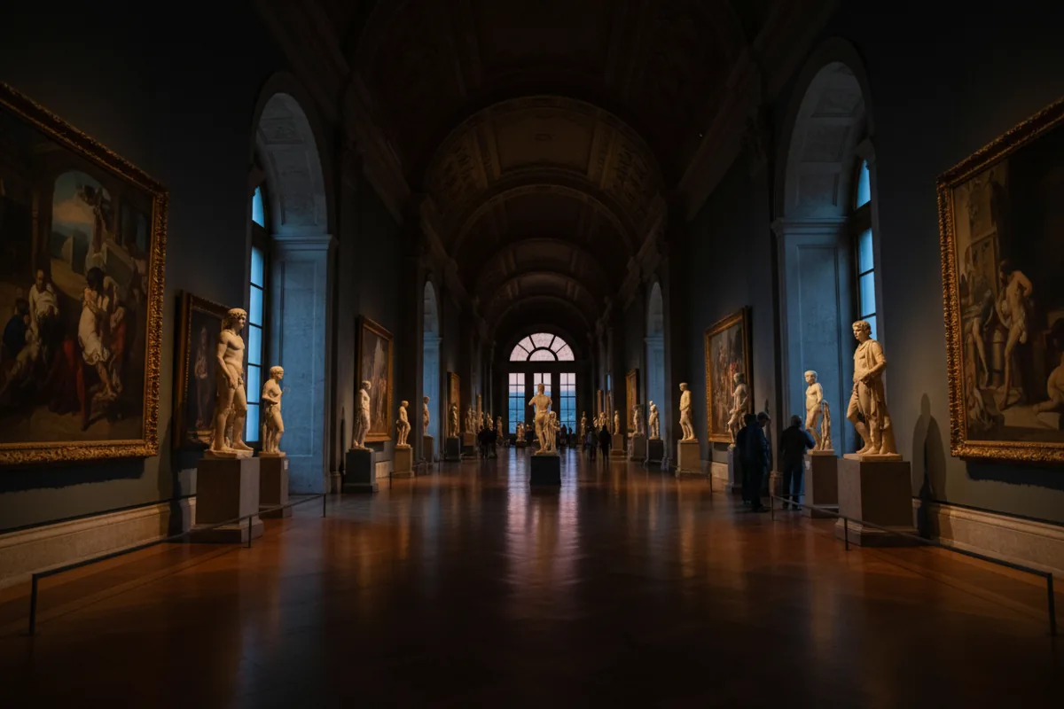 A grand, dimly lit museum gallery with classical statues and large paintings, illuminated by warm spotlights.