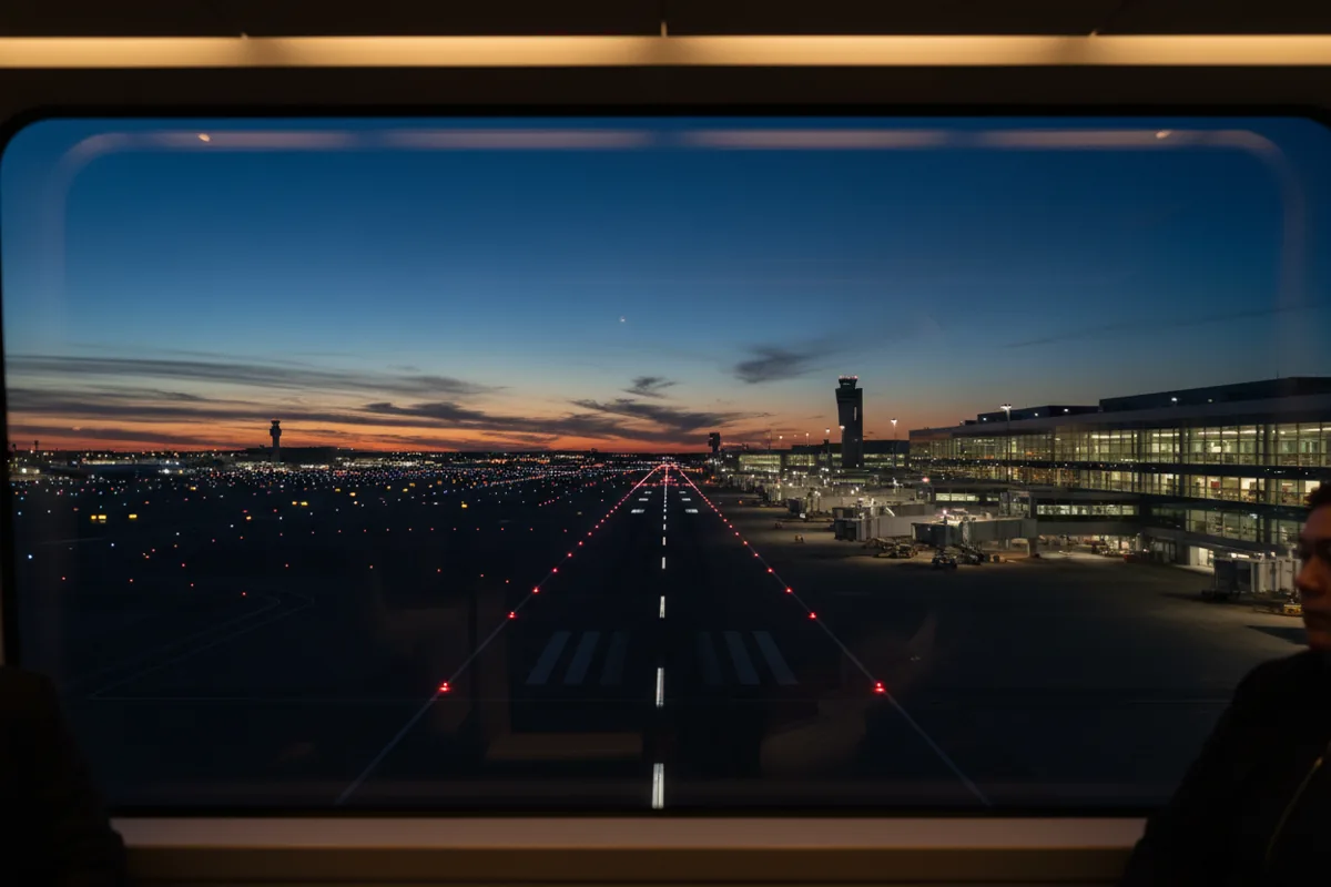 The view of airport runways and terminals at dusk from the window of a moving train.