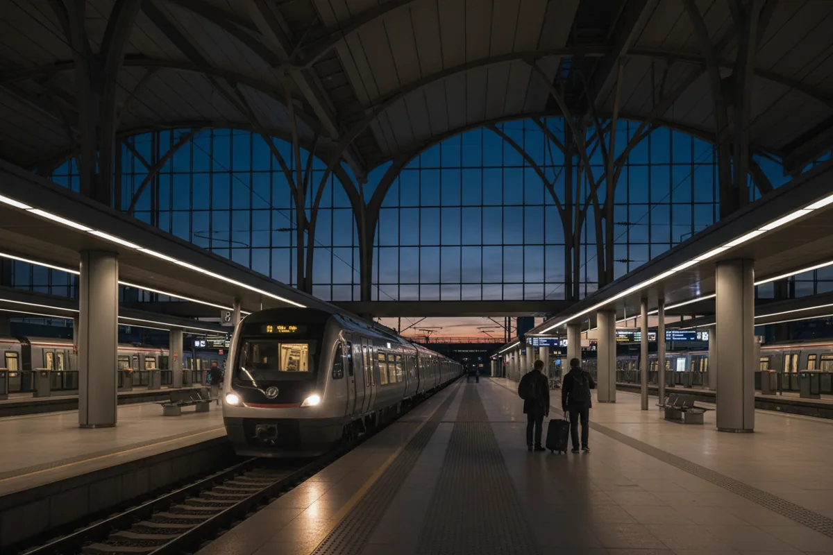 A commuter train pulls into a modern, warmly lit station platform at dusk.