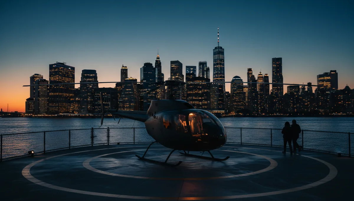A helicopter on a helipad at dusk with the Lower Manhattan skyline in the background.
