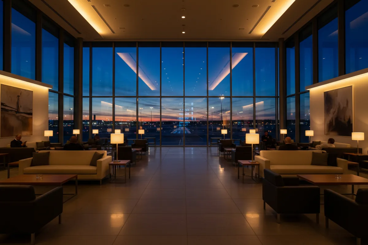 A modern, empty airport lounge with large windows overlooking the tarmac at dusk.