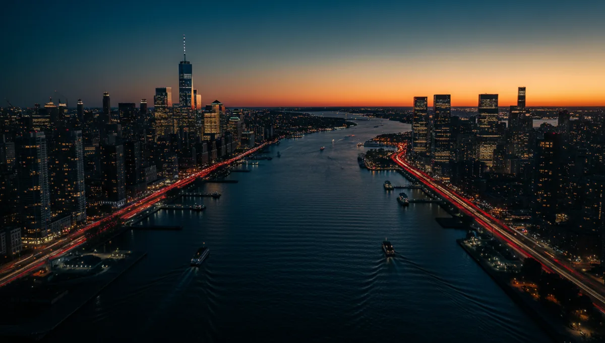 Aerial view down the Hudson River at twilight between Manhattan and Jersey City.