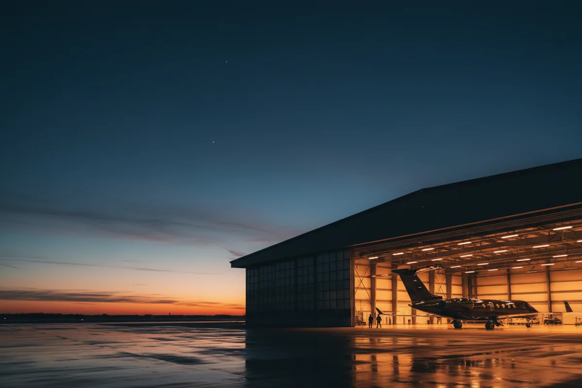 A modern private jet hangar at dusk, with warm light glowing from within.