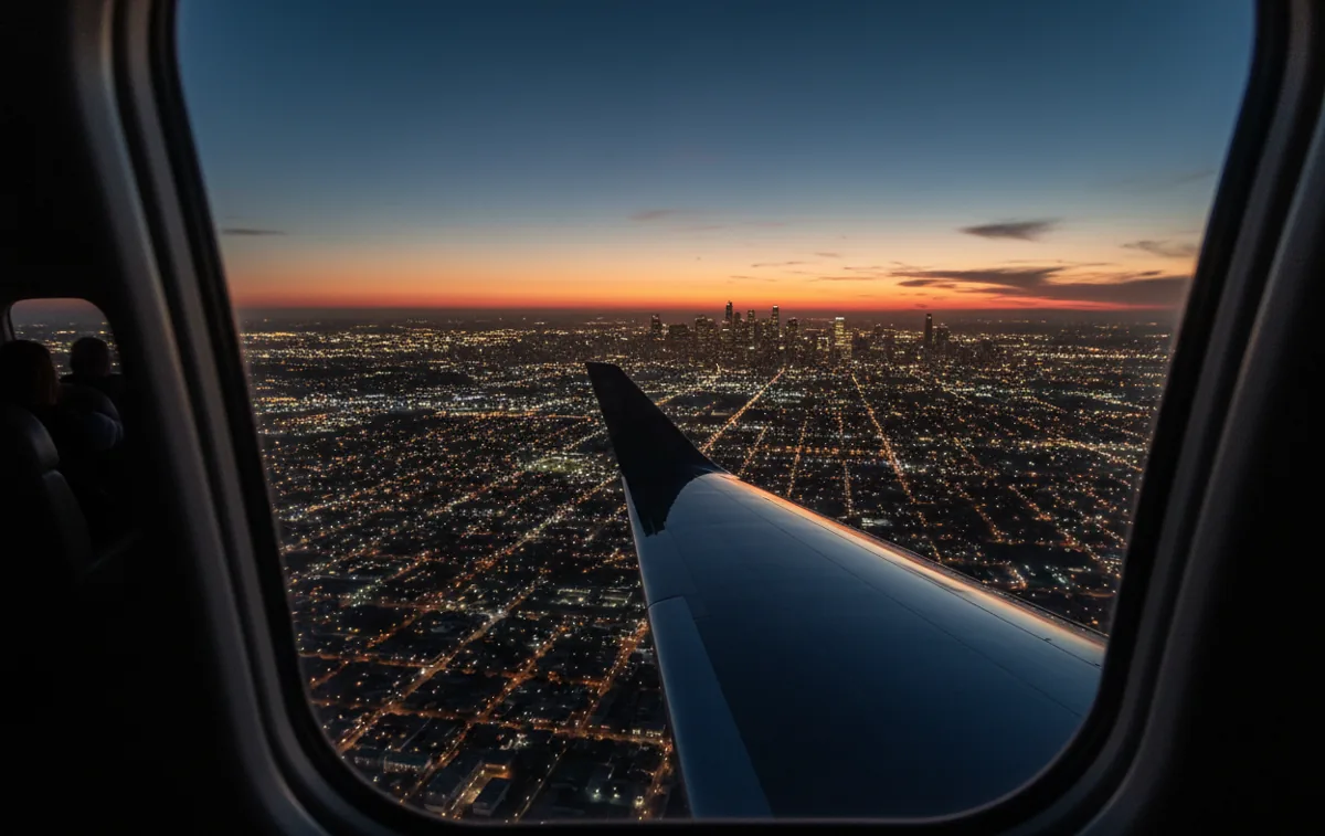 An aerial view of a sprawling city's lights at dusk, seen from a private jet window.