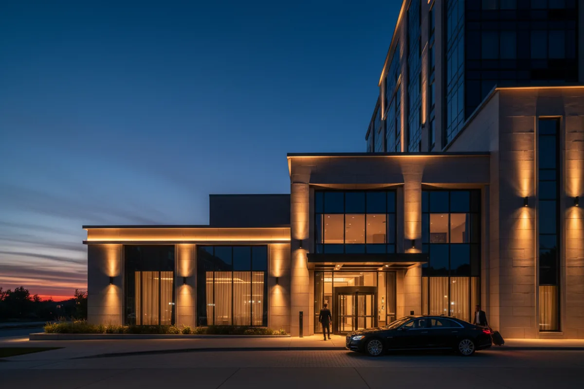 A modern luxury hotel with warm architectural lighting against a deep blue evening sky.