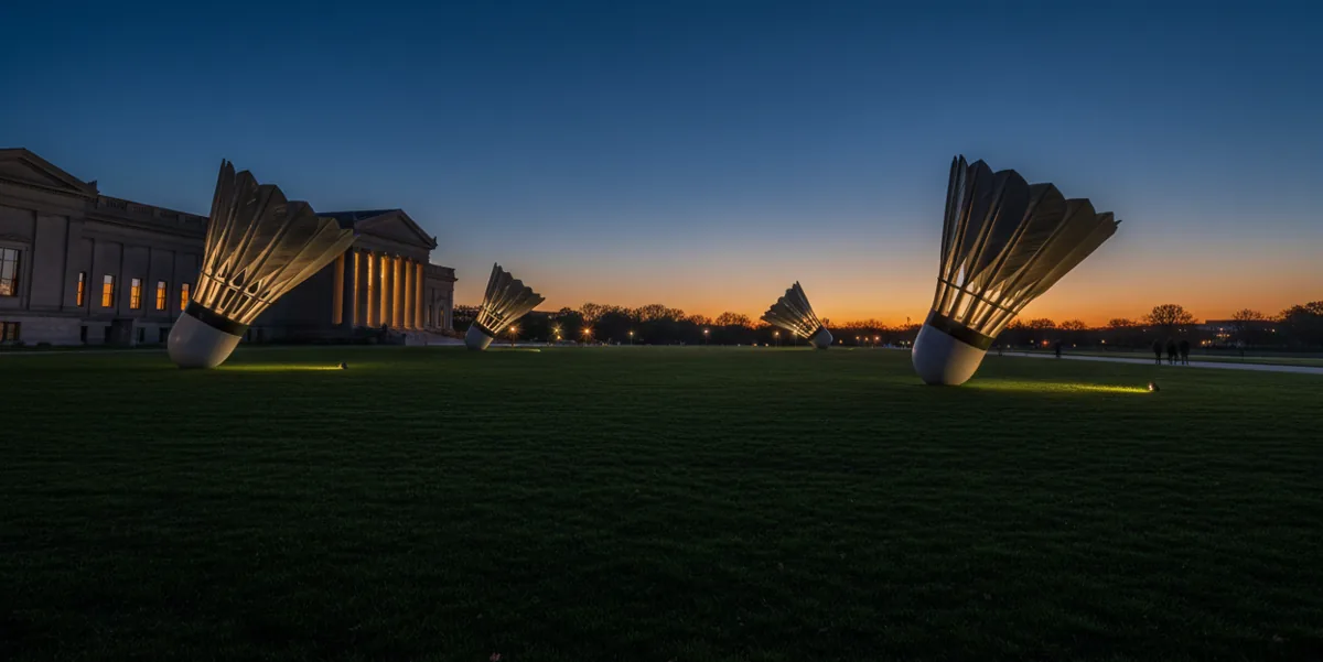 Giant shuttlecock sculptures on the lawn of the Nelson-Atkins Museum of Art in Kansas City.