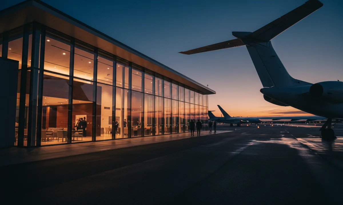 A modern private airport terminal with glowing windows at night, with a jet parked on the tarmac.