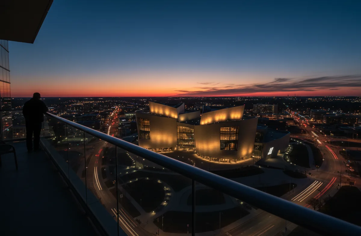 The illuminated Kauffman Center for the Performing Arts in Kansas City viewed from a high vantage point at dusk.