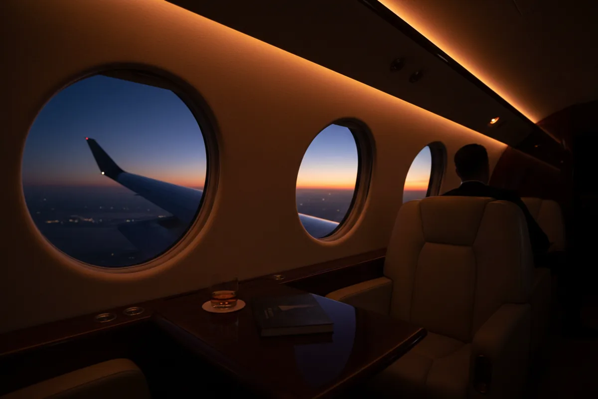 The interior of a luxury private jet cabin looking out the window at the wing during flight at twilight.