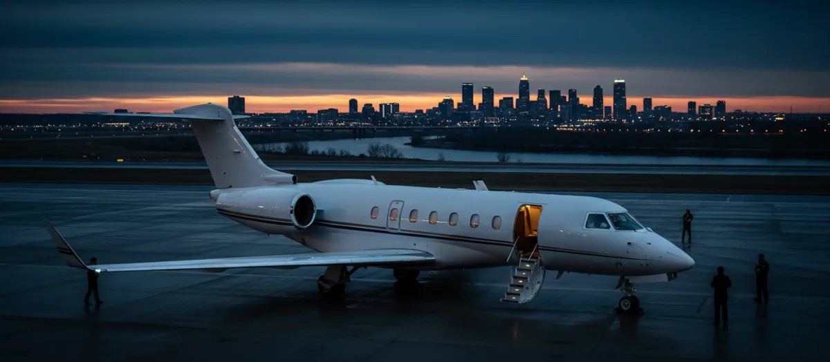 A midsize business jet with its airstair open at sunset and the Kansas City skyline in the distance.