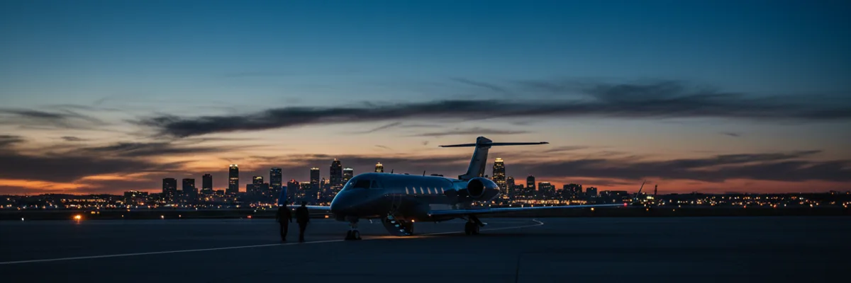 A private jet on an airport tarmac with the Kansas City skyline visible in the background at dusk.