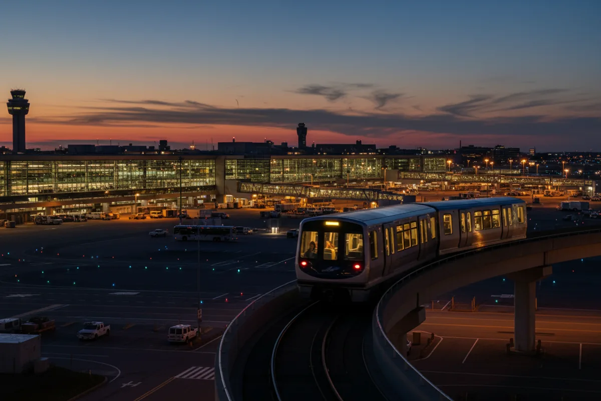 An airport train on an elevated track with glowing terminal buildings in the background at dusk.