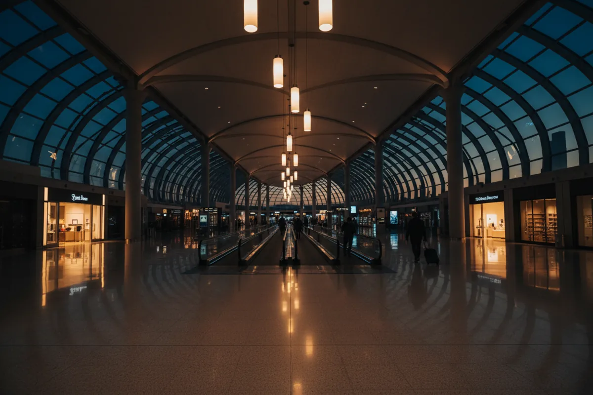A wide, modern airport concourse with polished floors and warm lighting at dusk.