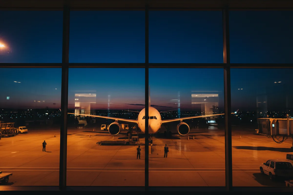 A passenger airplane on the tarmac at night, viewed from inside the airport terminal.