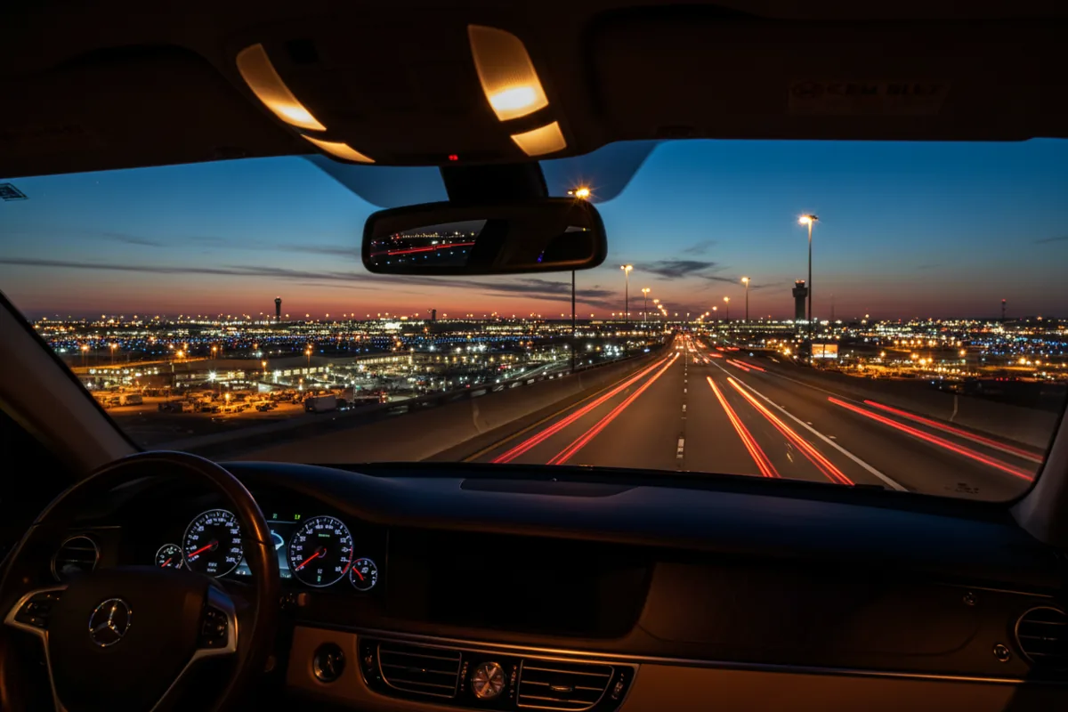 View of a sprawling airport's glowing lights at twilight, seen from a highway approach.