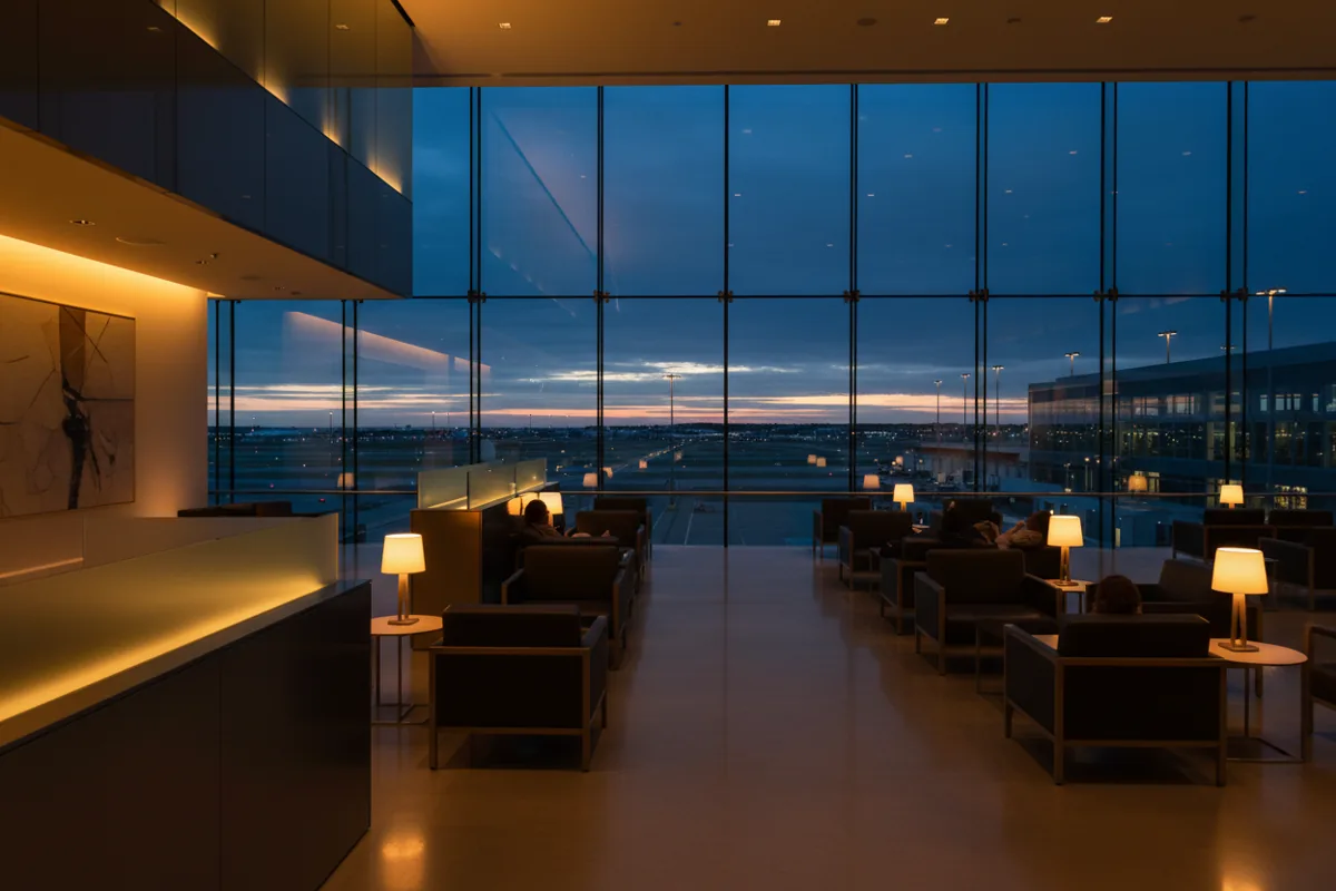 Silhouettes of travelers in a luxurious airport lounge overlooking the airfield at dusk.