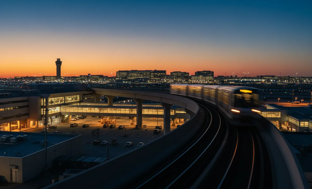 An airport shuttle train travels on an elevated track between terminals at night.