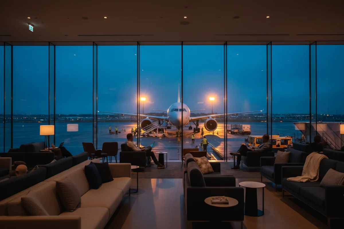 View from an airport lounge at dusk, looking out onto the airfield with planes at the gates.