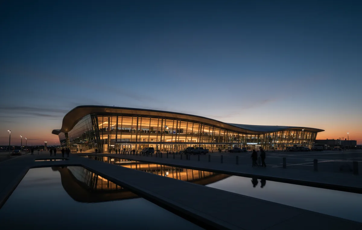 The glowing exterior of an ultra-modern airport terminal with sweeping architecture at twilight.