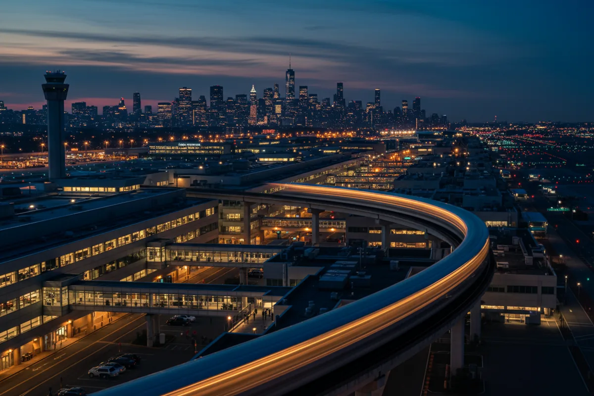 The JFK AirTrain seen as a streak of light moving through the airport complex at dusk.