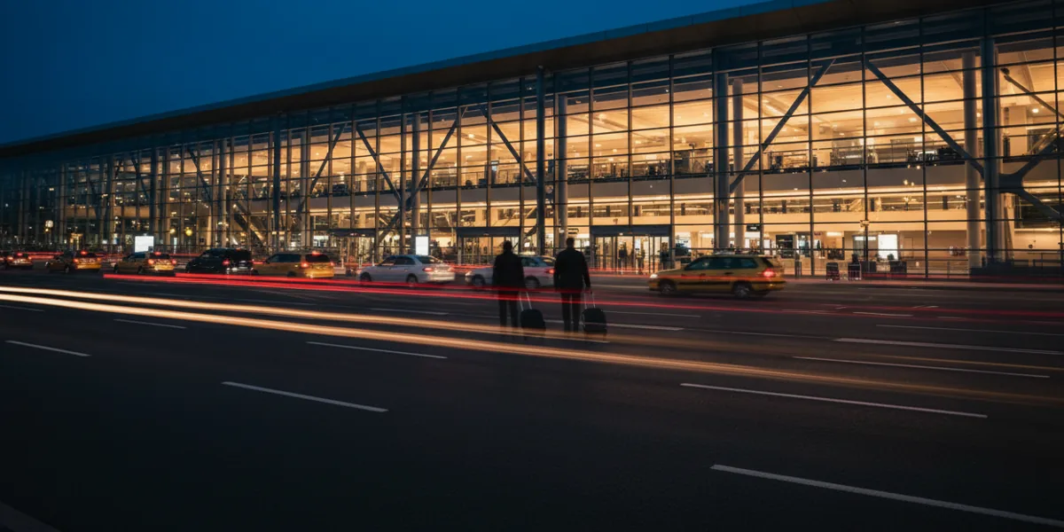 The exterior of a modern airport terminal at dusk, with glowing lights and car light trails.