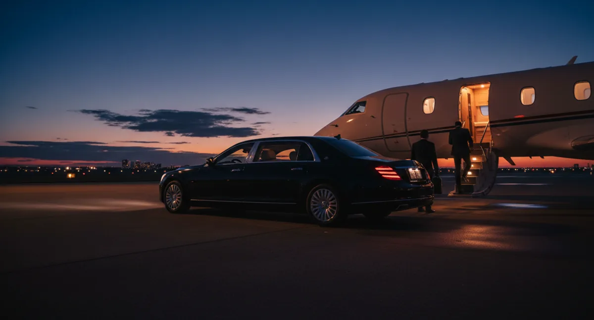 A black luxury car parked by the steps of a private jet on an airport tarmac at sunset.