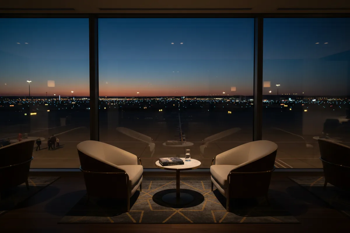 Two empty armchairs in a quiet airport lounge face a window overlooking the tarmac at twilight.
