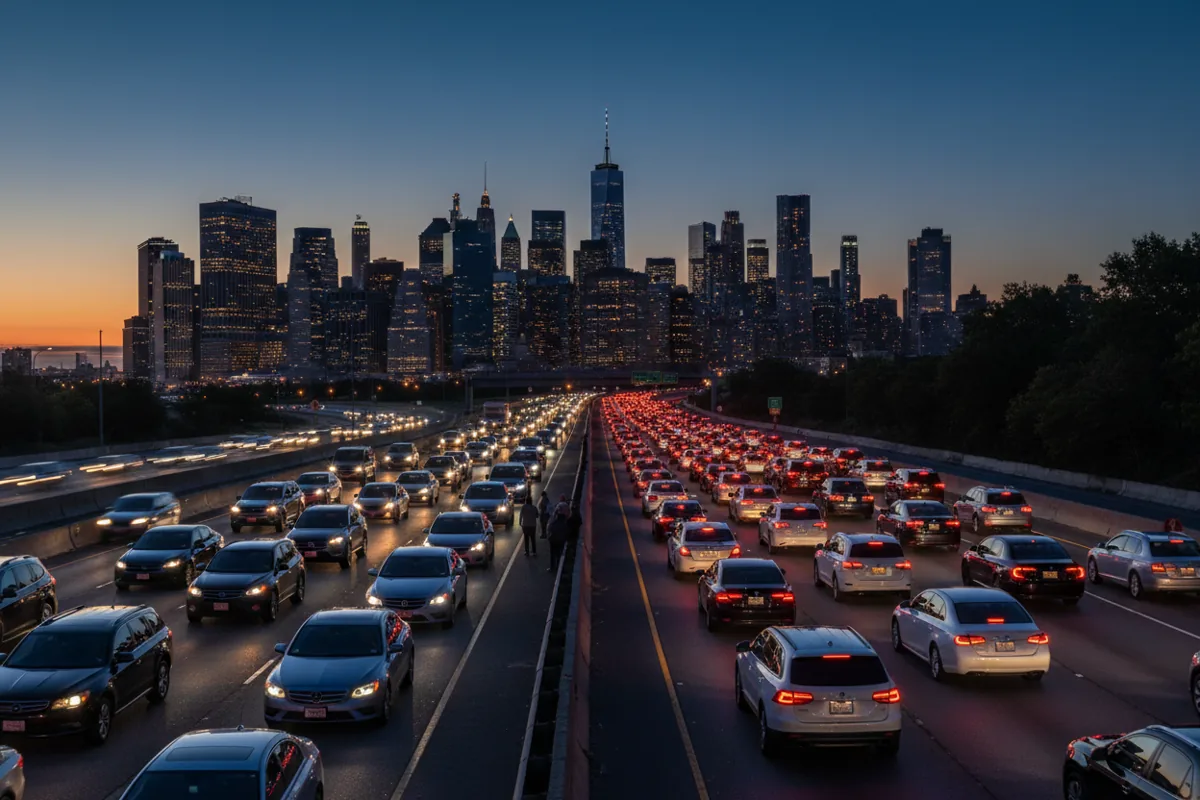 A highway filled with cars at a standstill, their red taillights illuminating the road towards a city skyline at dusk.