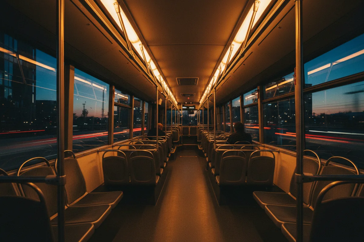 View from inside a modern, empty bus at night, with blurred city lights visible through the window.