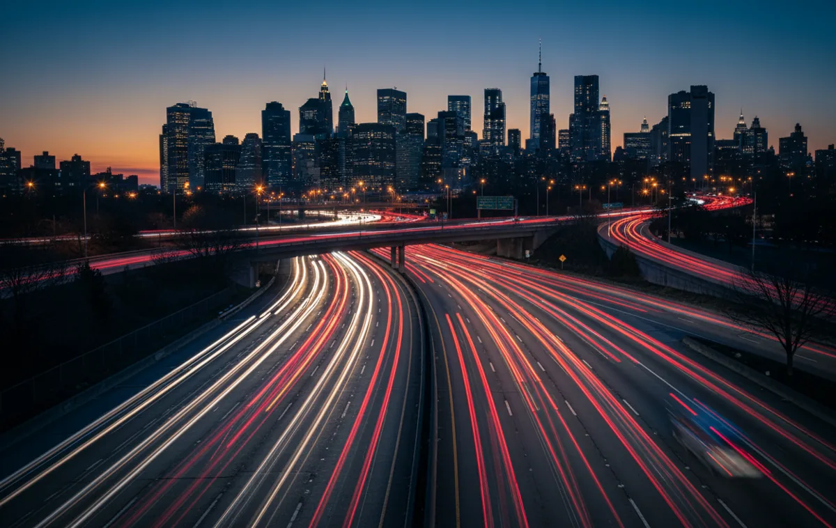 Light trails from heavy traffic on a highway leading to the Manhattan skyline at night.